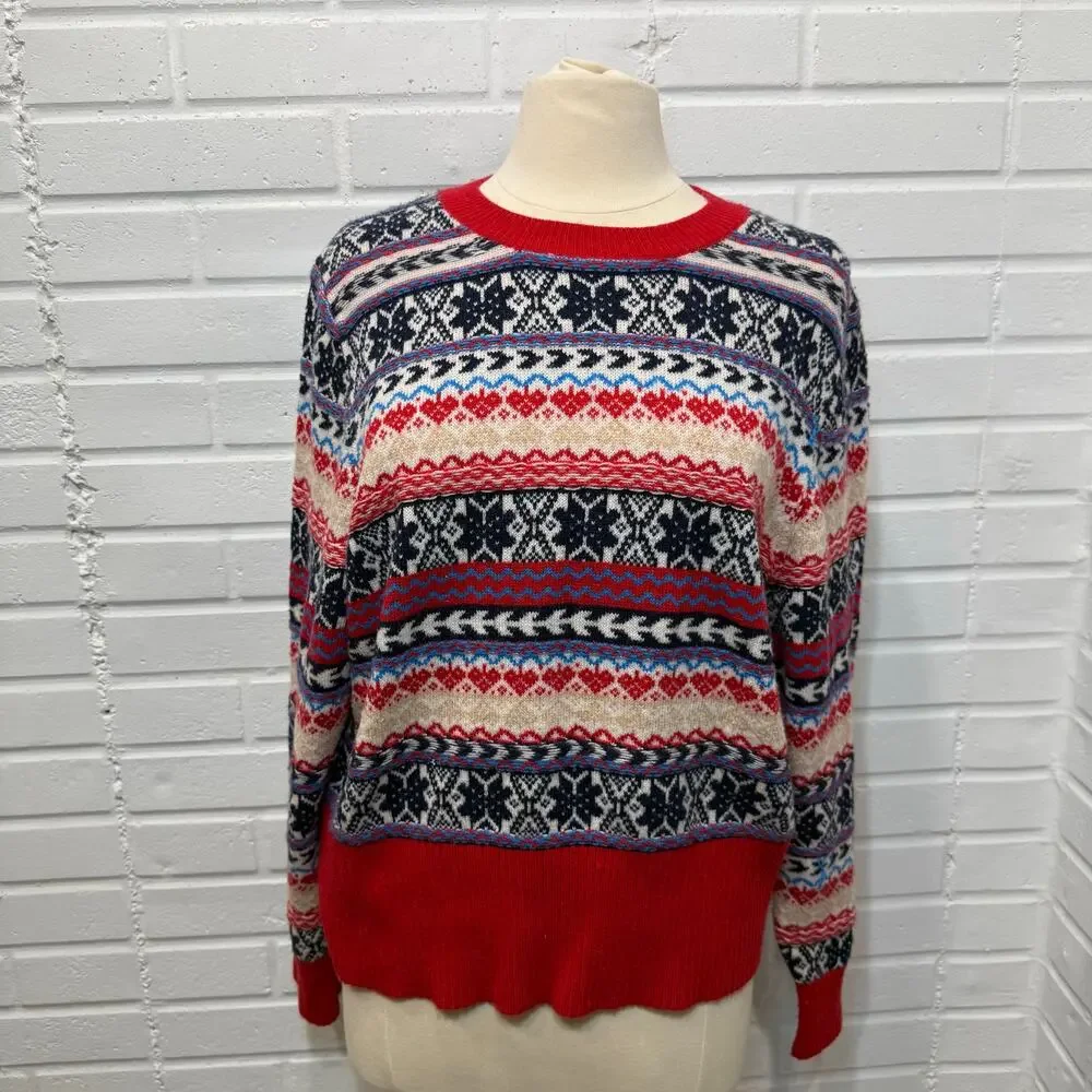 JCrew‎ Fair Isle Crewneck Lambs Wool Blend Sweater 2X Red Navy Winter Christmas